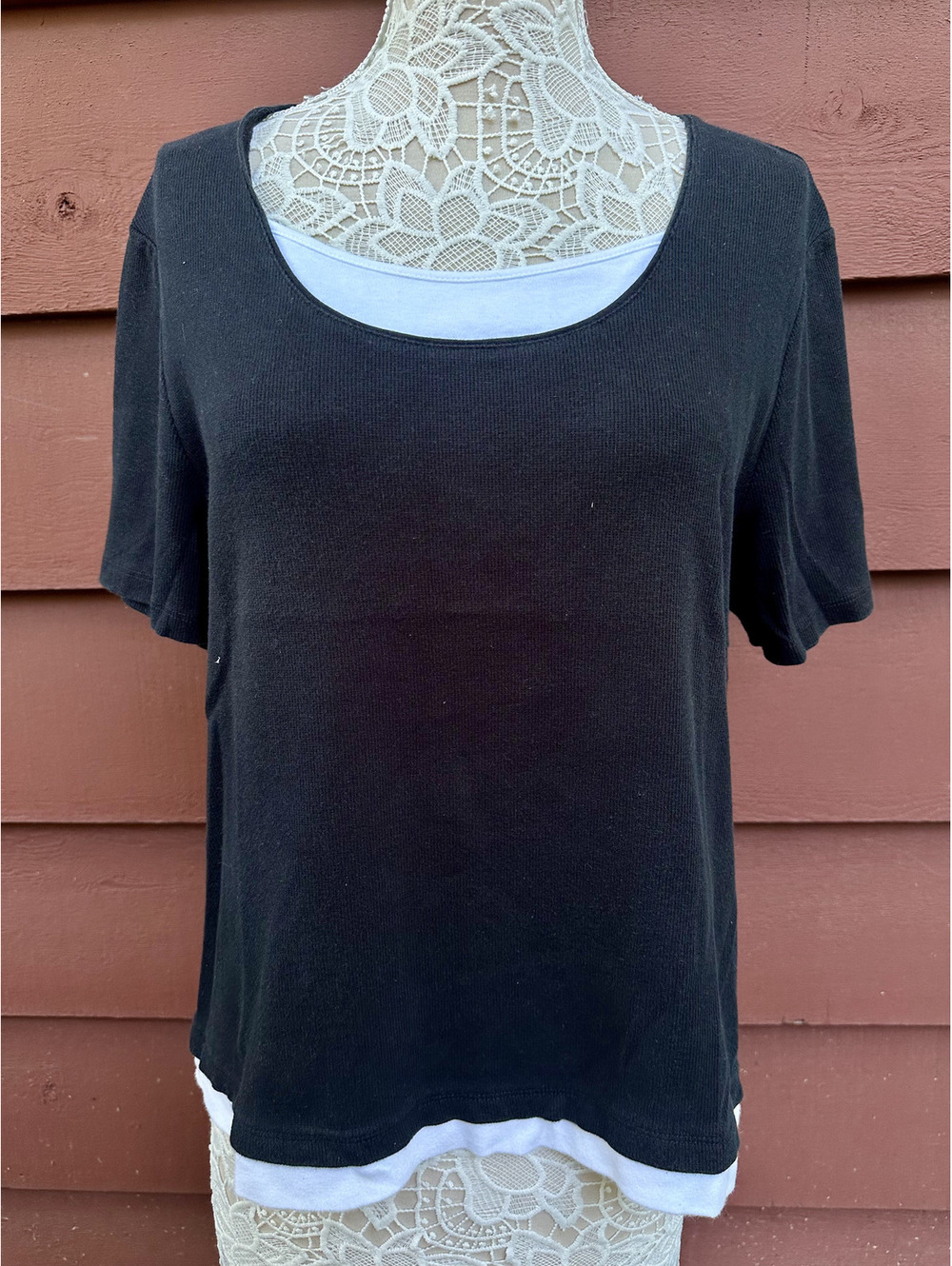 Croft & Barrow Black & White Faux Layered Office Siren Tee
